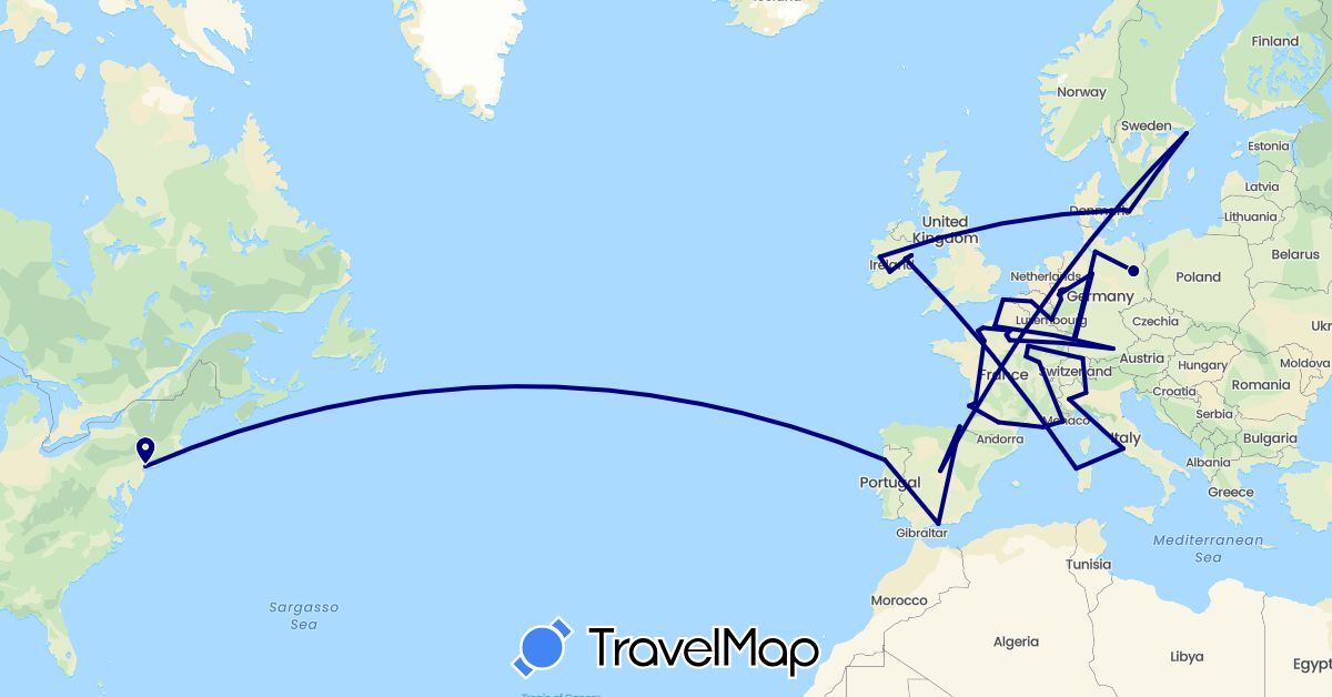 TravelMap itinerary: driving in Belgium, Switzerland, Germany, Denmark, Spain, France, Ireland, Italy, Luxembourg, Portugal, Sweden, United States (Europe, North America)